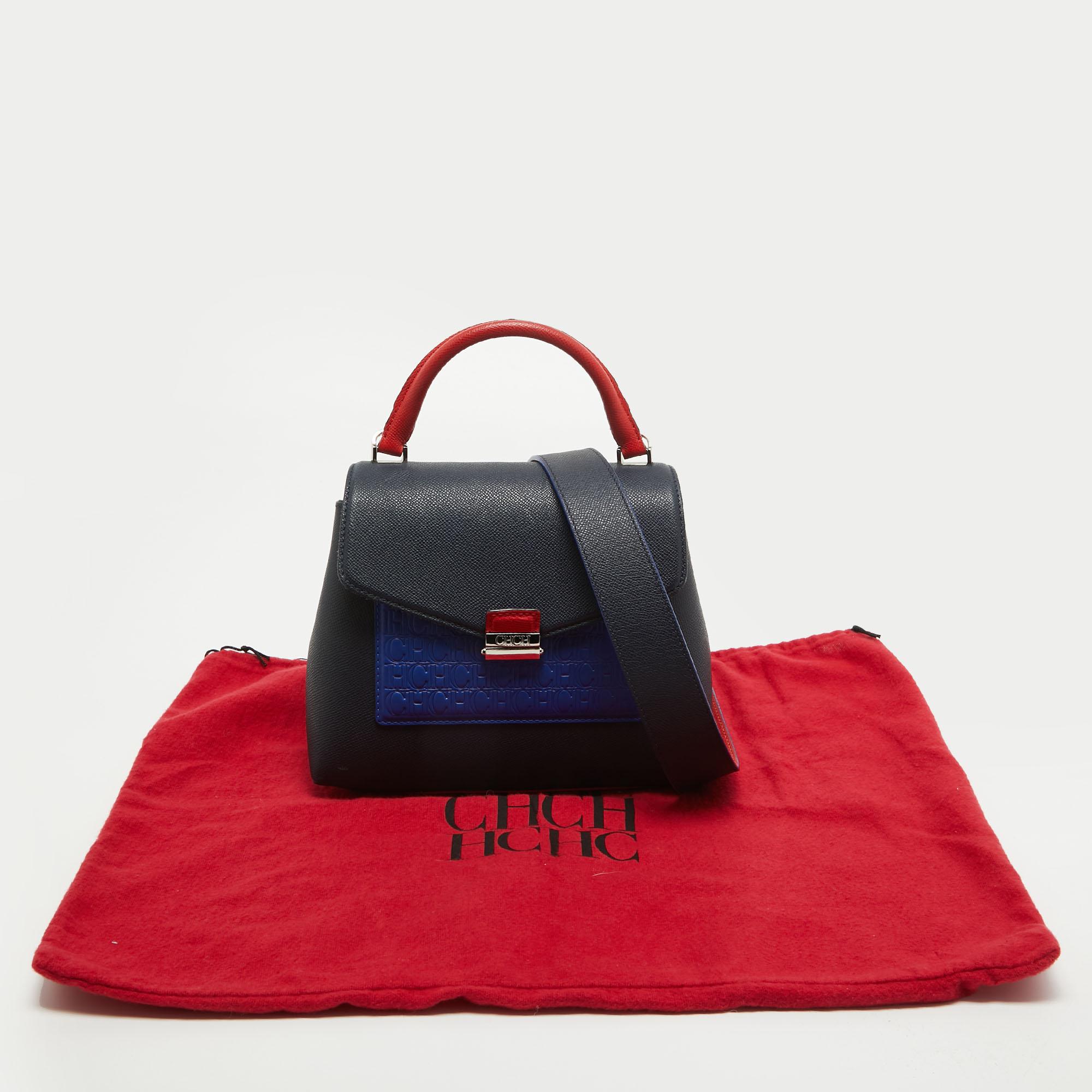 Women's CH Carolina Herrera Two Tone Blue Monogram Leather Top Handle Bag For Sale