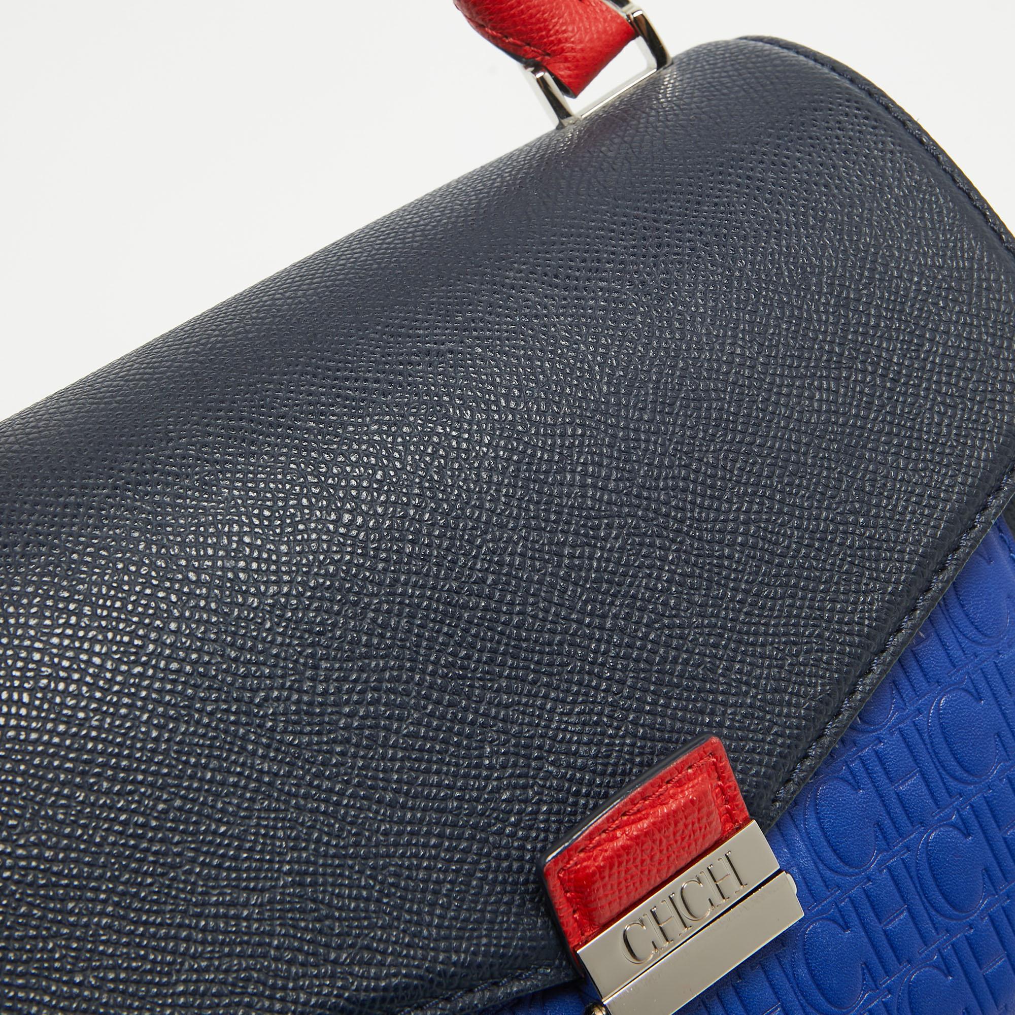 CH Carolina Herrera Two Tone Blue Monogram Leather Top Handle Bag For Sale 4