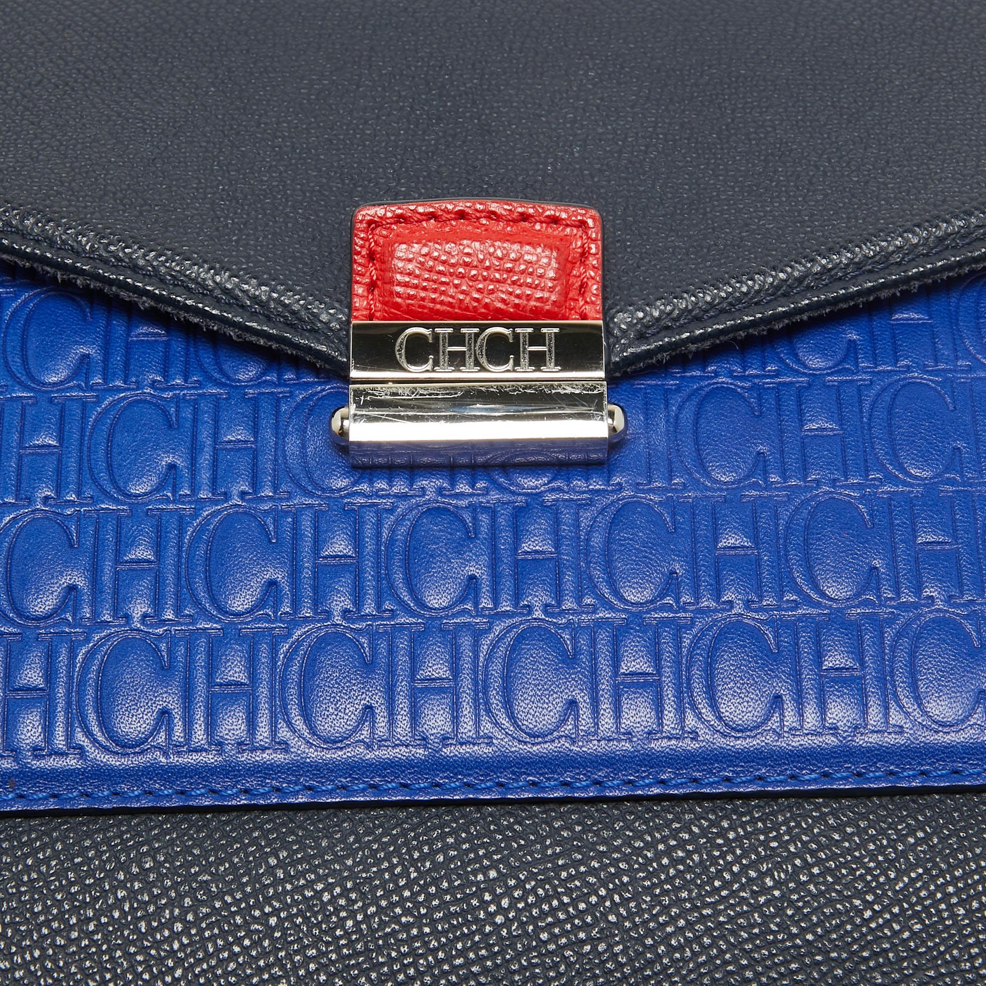 CH Carolina Herrera Zweifarbige blaue Monogramm-Ledertasche mit Henkel oben im Angebot 5
