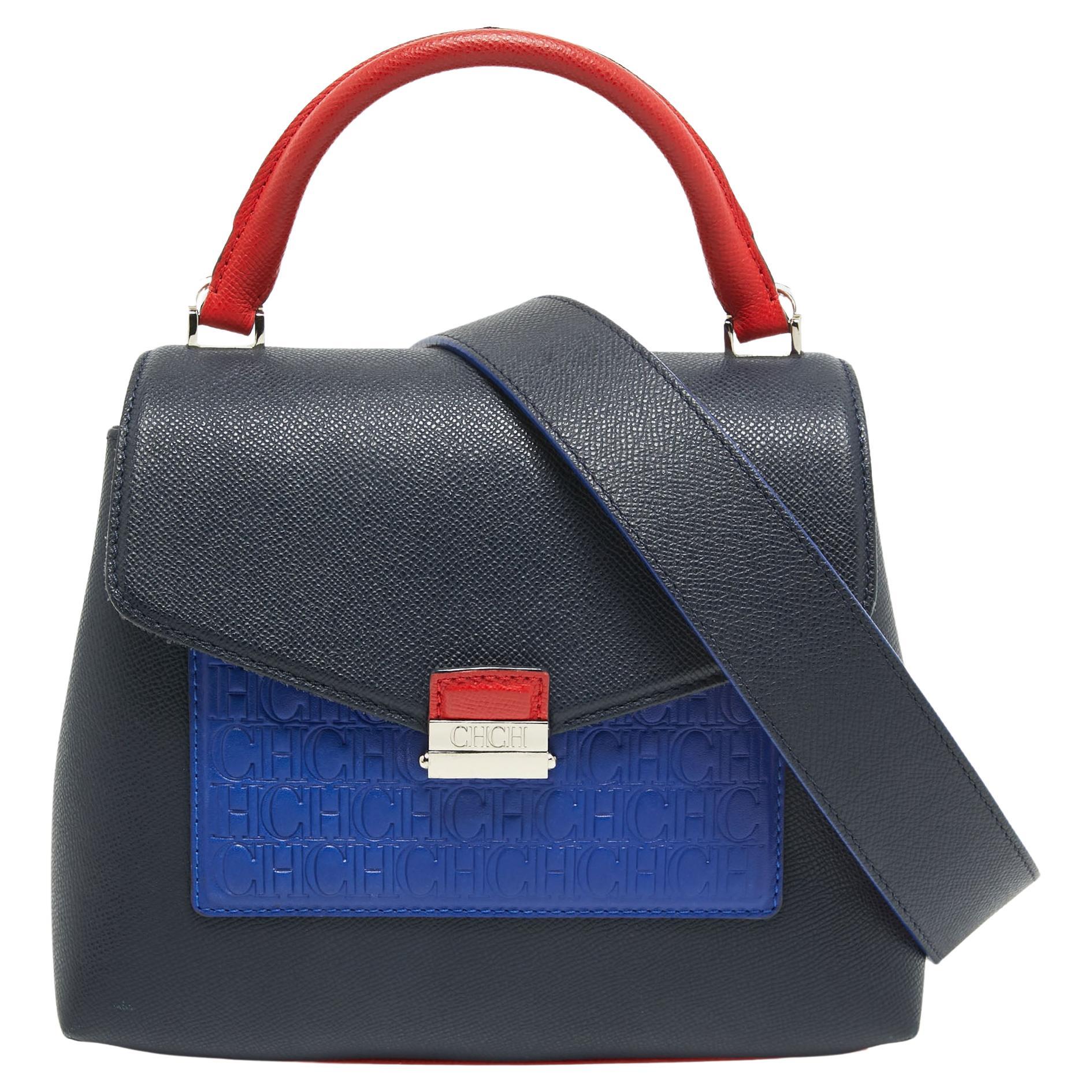 CH Carolina Herrera Zweifarbige blaue Monogramm-Ledertasche mit Henkel oben im Angebot