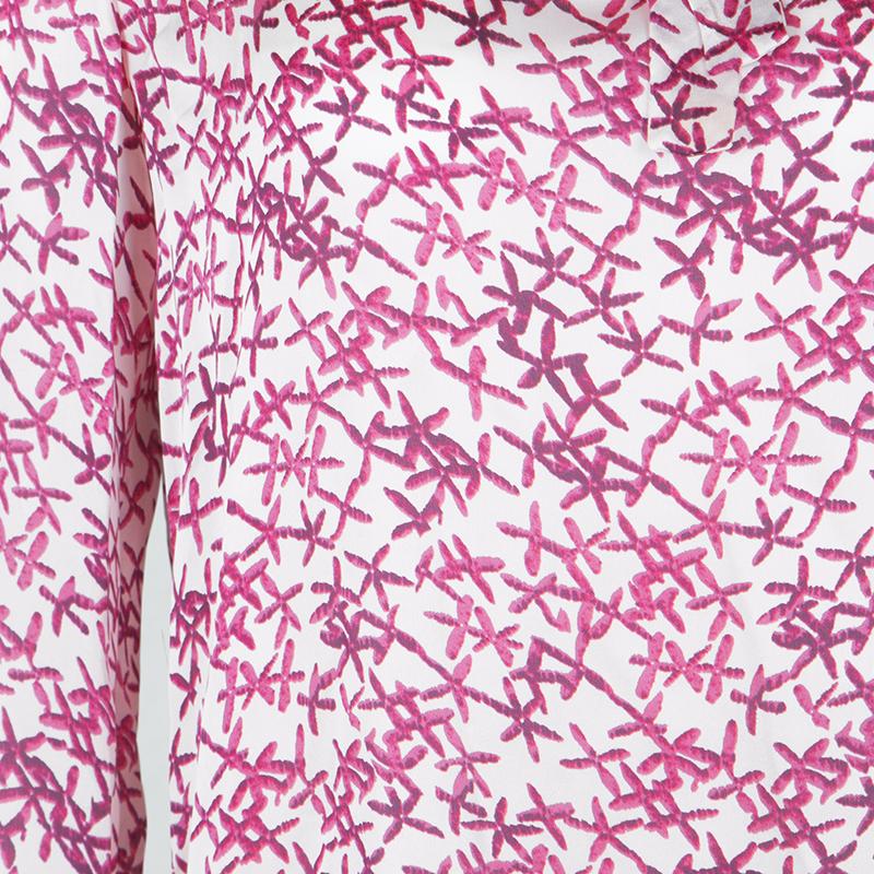 CH Carolina Herrera White and Pink Printed Silk Long Sleeve Blouse M In Good Condition In Dubai, Al Qouz 2