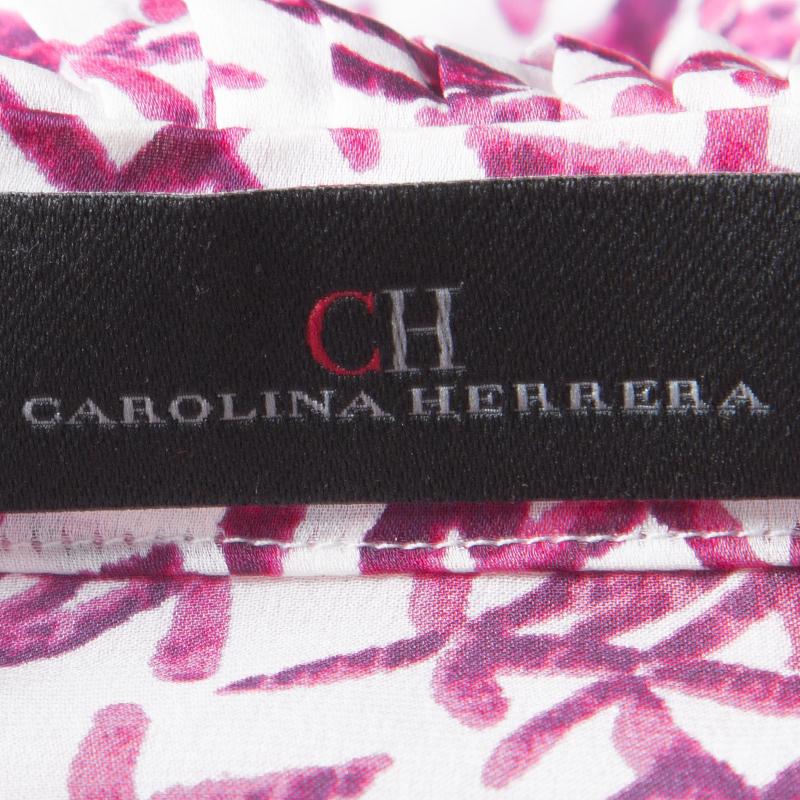 Women's CH Carolina Herrera White and Pink Printed Silk Long Sleeve Blouse M