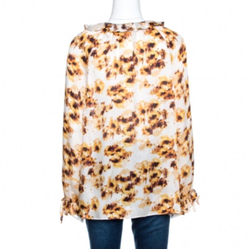CH Carolina Herrera White & Brown Printed Silk Ruffled Blouse L Beige en venta