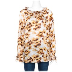 CH Carolina Herrera White 
Brown Printed Silk Ruffled Blouse L