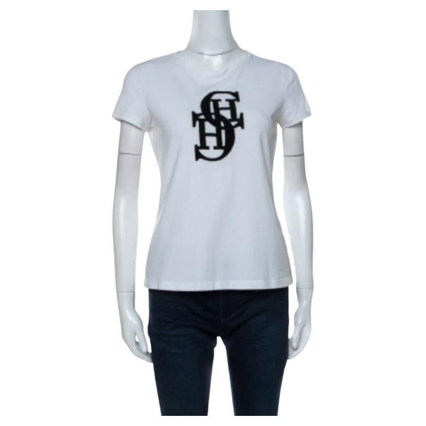 CH Carolina Herrera White Cotton Embroidered Logo Detail T-Shirt S en vente