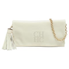 CH Carolina Herrera White Perforated Logo Leather Tassel Flap Chain Bag