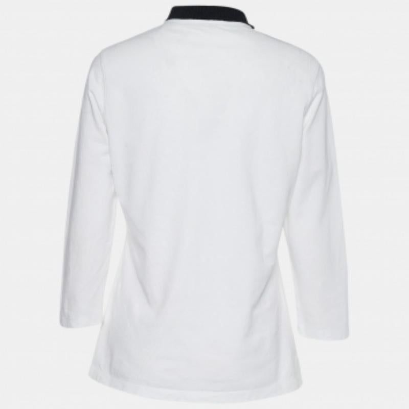 Gray CH Carolina Herrera White Pique Knit Ruffled Polo Top L