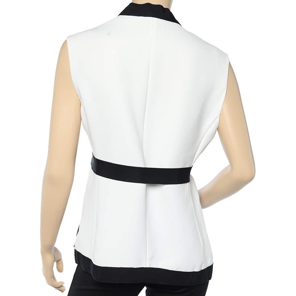Gray CH Carolina Herrera White Twill Contrast Trim belted Sleeveless Shrug M
