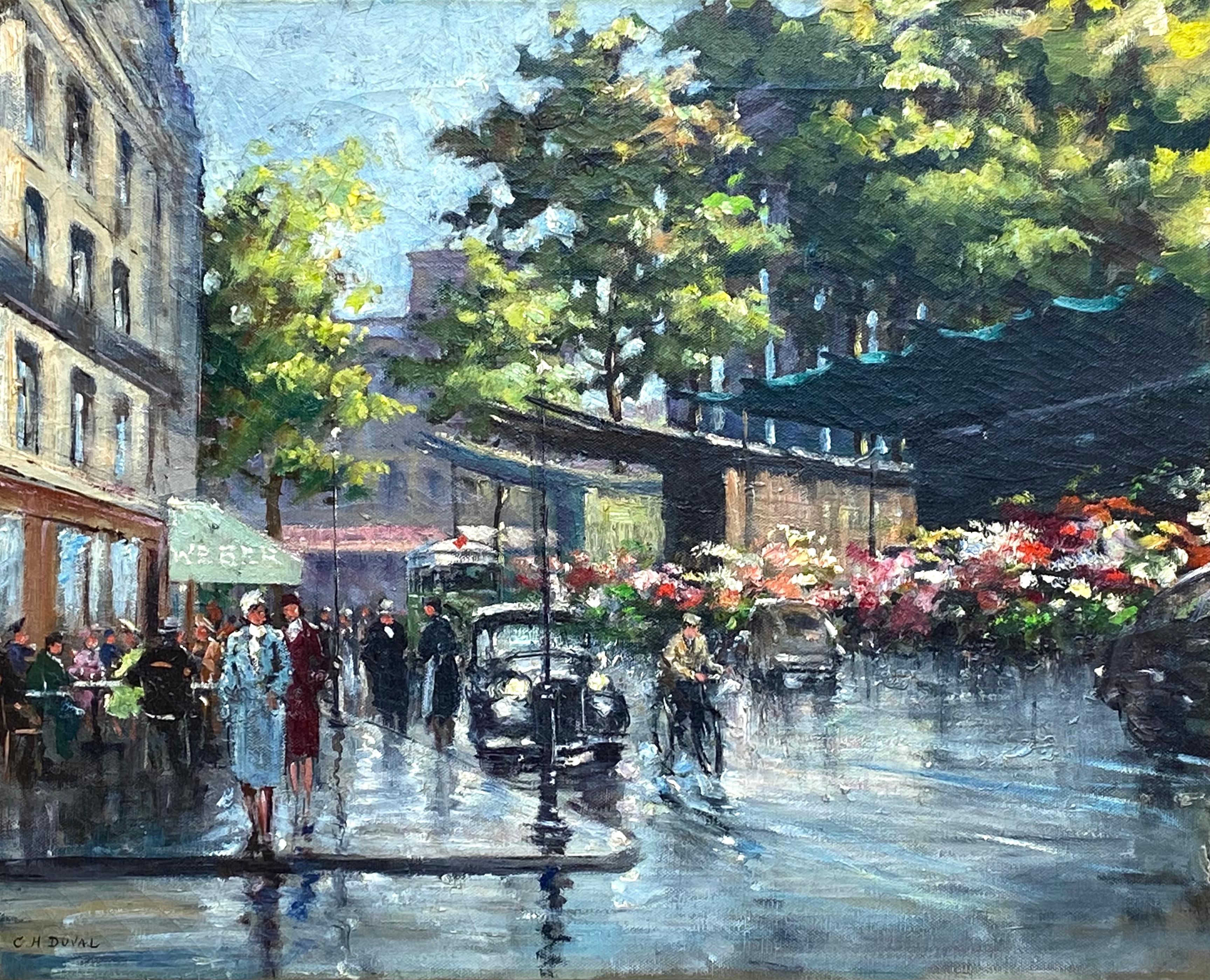 Original post impressionist oil on canvas painting of the landmark Cafe Weber in Paris by C.H. Duval.  Circa 1950. Signed by the artist lower left. Condition is excellent. Titled and signed again verso on top left wood stretcher. The painting is