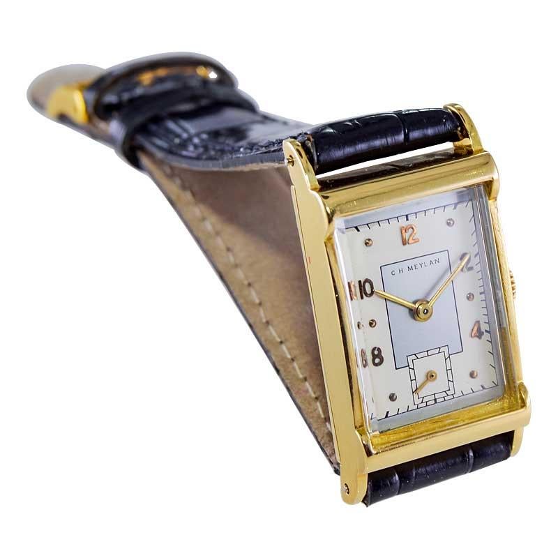 C.H. Meylan 18 Karat Yellow Gold Art Deco Watch Hand Constructed, circa 1940s For Sale 4