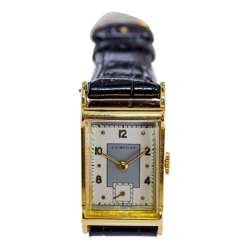 C.H. Meylan 18 Karat Yellow Gold Art Deco Watch Hand Constructed, circa 1940s For Sale 4