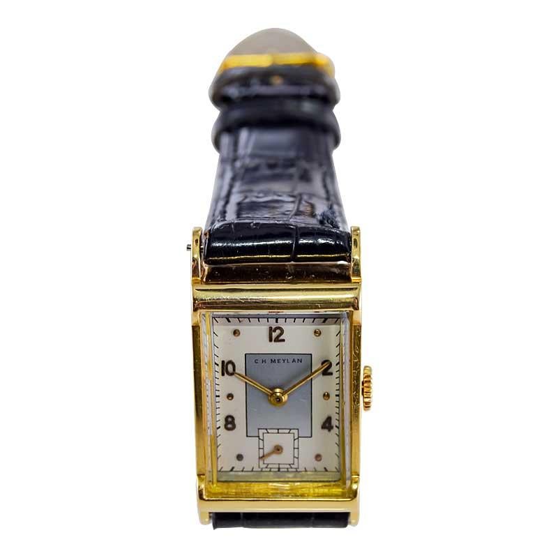 C.H. Meylan 18 Karat Yellow Gold Art Deco Watch Hand Constructed, circa 1940s For Sale 5