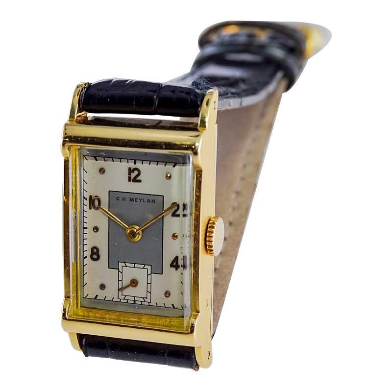 C.H. Meylan 18 Karat Yellow Gold Art Deco Watch Hand Constructed, circa 1940s For Sale 7