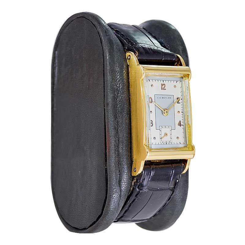 FACTORY / HOUSE: C.H. Meylan
STYLE / REFERENCE: Art Deco Tank Style 
METAL / MATERIAL: 18Kt. Yellow Gold 
CIRCA / YEAR: 1940's
DIMENSIONS / SIZE: Length 37mm X Width 19mm
MOVEMENT / CALIBER: Manual Winding / 17 Jewels / High Grade
DIAL / HANDS: