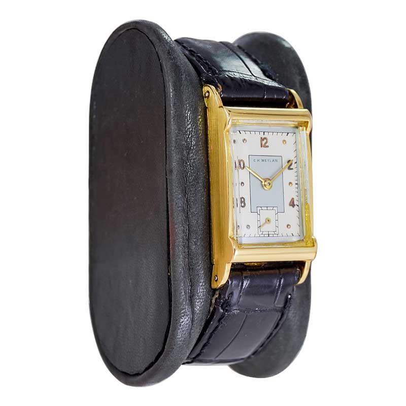 C.H. Meylan: 18 Karat Gelbgold Art-Déco-Uhr, handgefertigt, um 1940 (Art déco) im Angebot