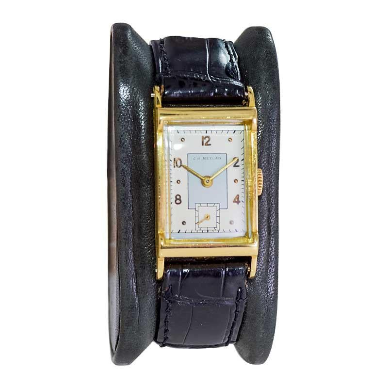 C.H. Meylan 18 Karat Yellow Gold Art Deco Watch Hand Constructed, circa 1940s In Excellent Condition For Sale In Long Beach, CA