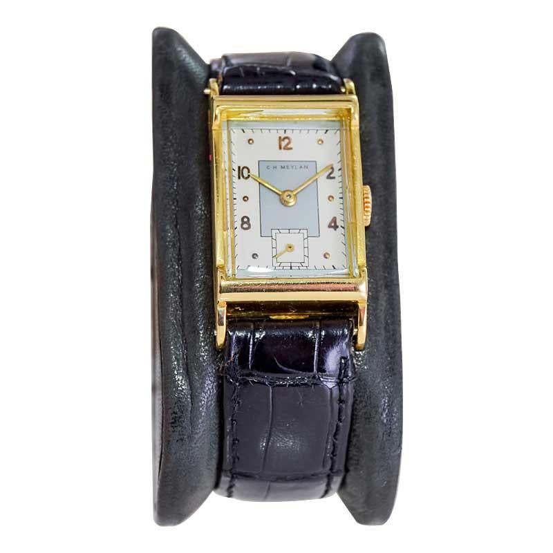 Women's or Men's C.H. Meylan 18 Karat Yellow Gold Art Deco Watch Hand Constructed, circa 1940s For Sale