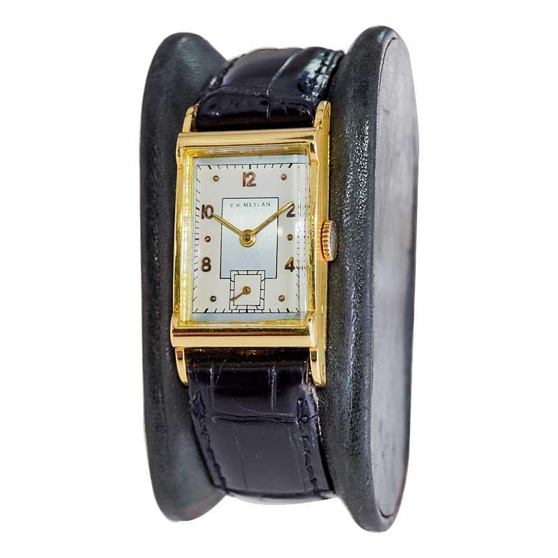 C.H. Meylan 18 Karat Yellow Gold Art Deco Watch Hand Constructed, circa 1940s For Sale 1