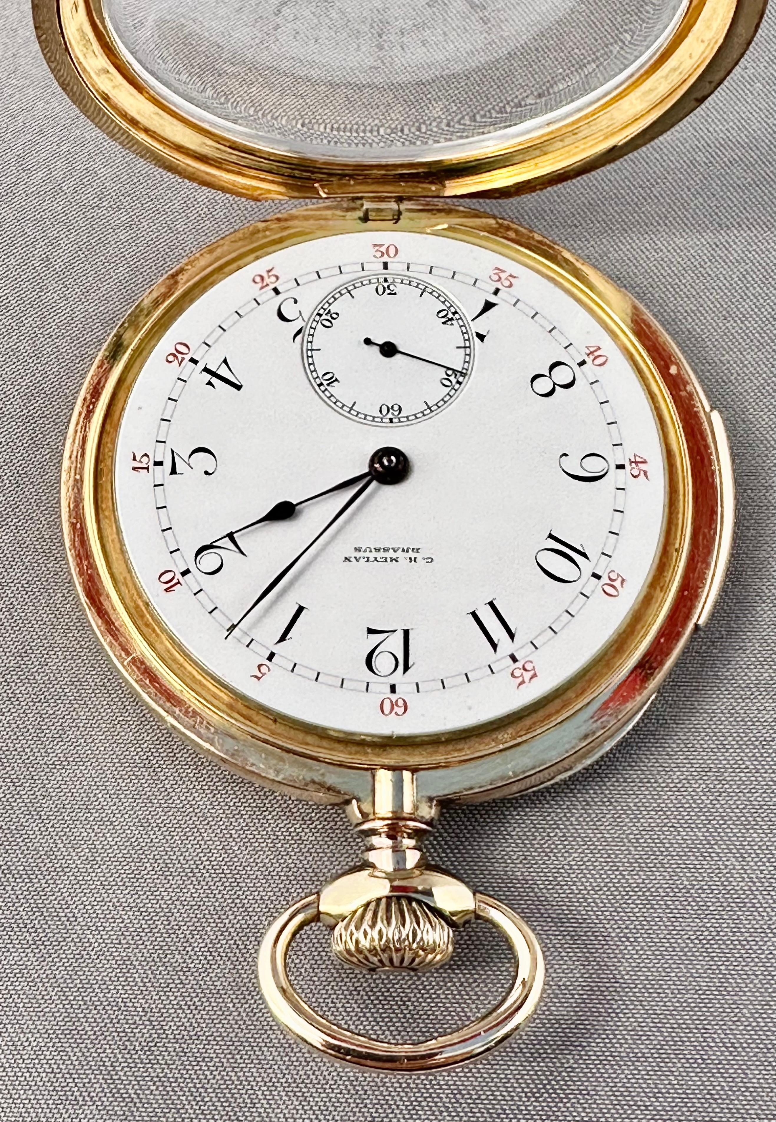 C.H. Meylan 18K Gold Keyless Lever Minute Repeater Half Hunter Pocket Watch Circa 1890's

Dial: The white enamel dial with Arabic numerals, and minutes in red, the sub dial for the seconds at six o'clock. The original blued steel  hands with blued