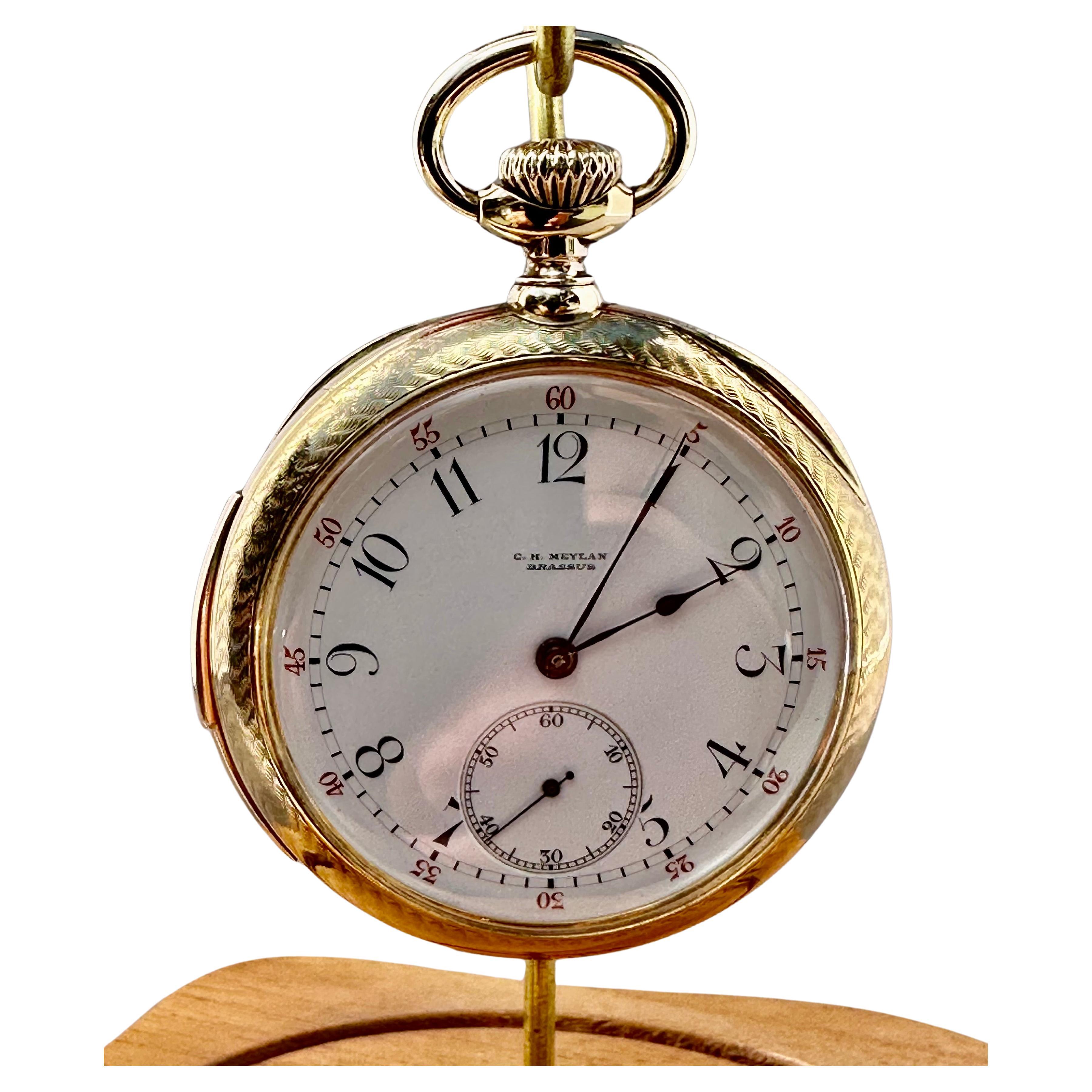 C.H. Meylan 18K Gold Keyless Lever Minute Repeater Pocket Watch Circa 1890's For Sale