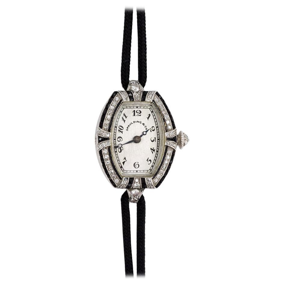 C.H. Meylan Art Deco Ladies Platinum, Diamond and Onyx Wristwatch