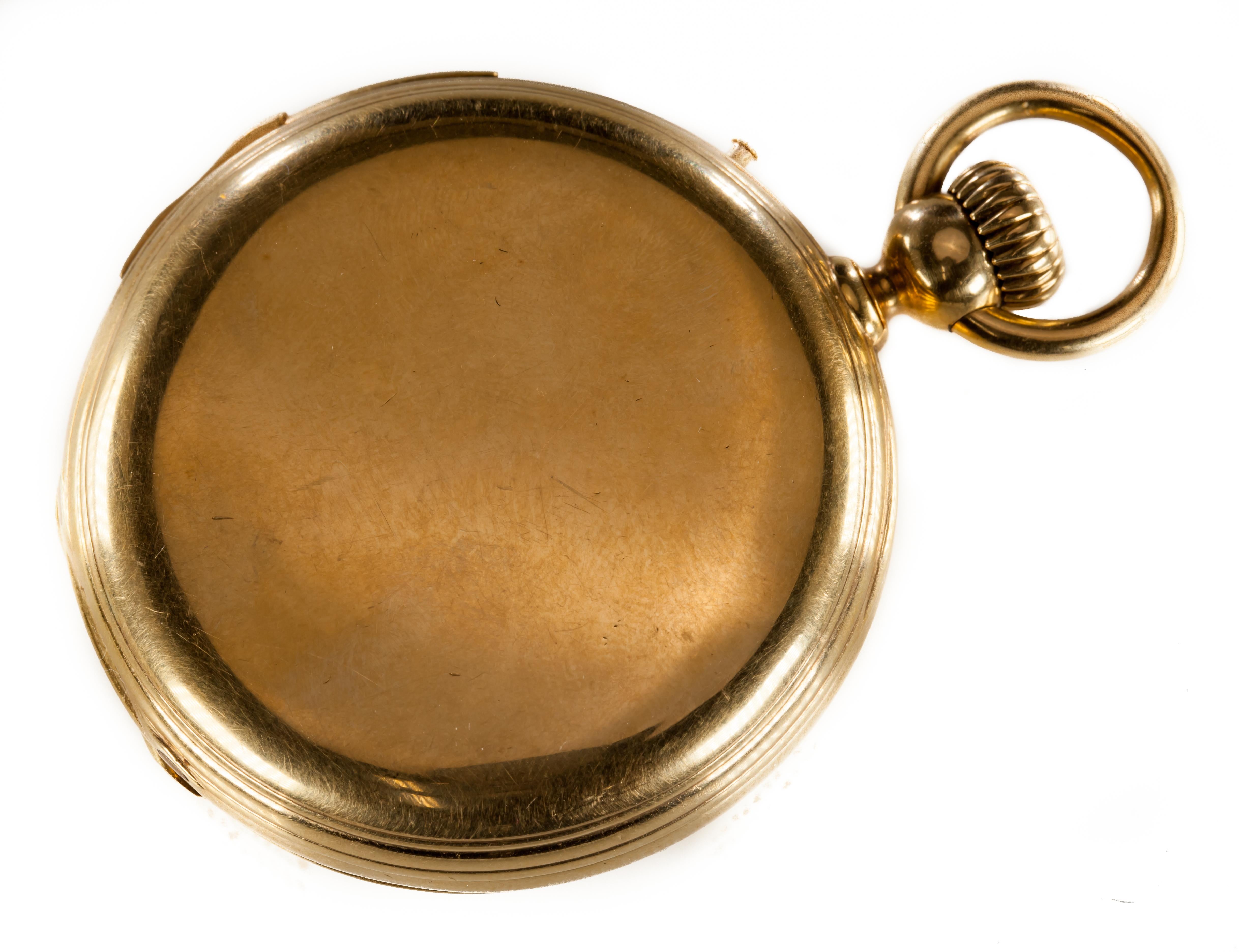 Gorgeous Vintage Double Hunter Pocket Watch by C.H. Meylan & Fleischmann
Features Minute Repeater, 35 Rubis 
Dedicated Second Dial
18k Yellow Gold Case w/ Inner Glass for Movement
Movement is 49.5 mm in Diameter 
Total Mass = 112.7 grams
Amazing