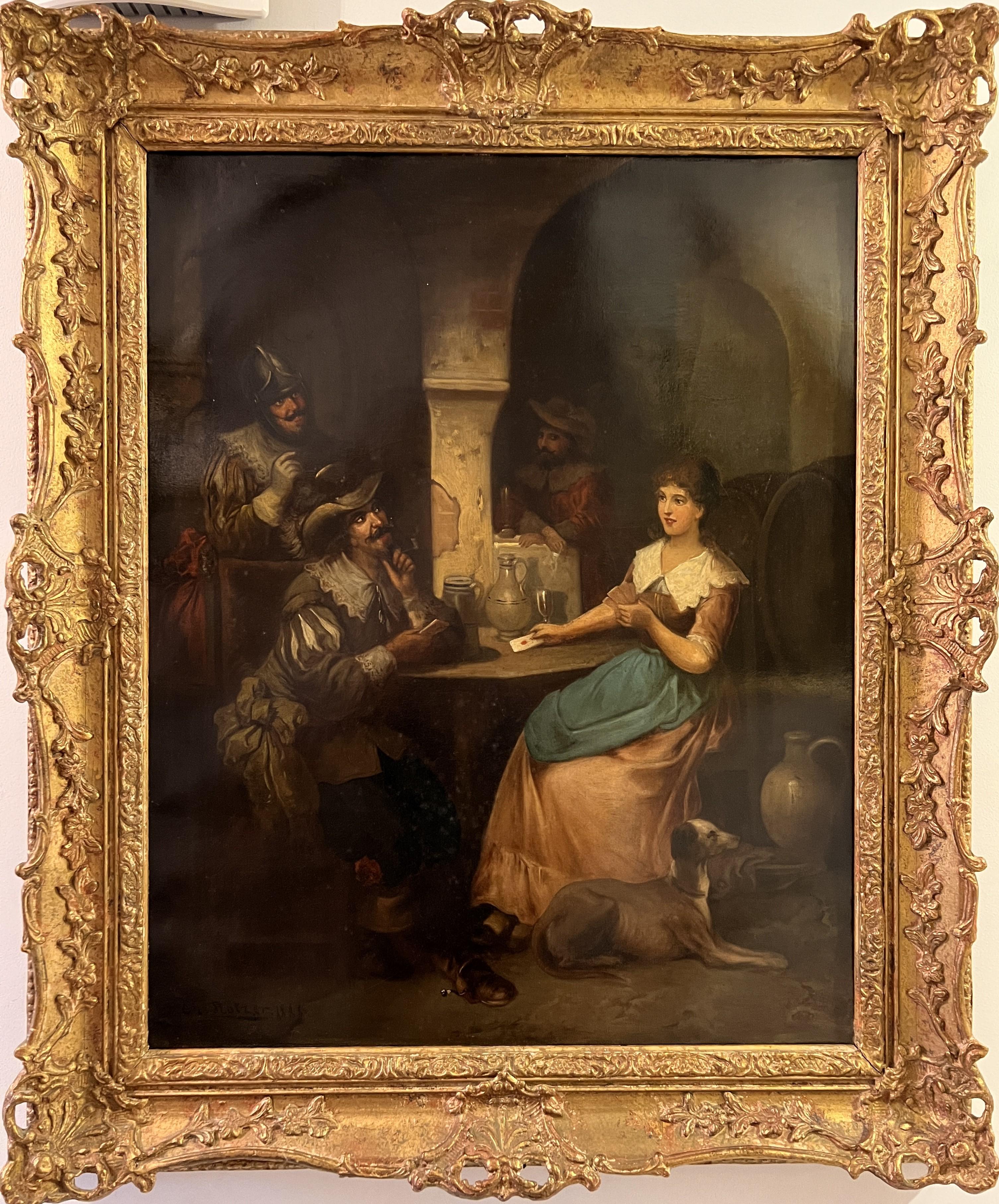 Up for sale is an interesting antique 19th-century original oil painting on canvas depicting an interior scene with a knight and a cavalier competing for the attention of a young lady. CONTINENTAL SCHOOL.

Signed and dated in the lower-left corner
