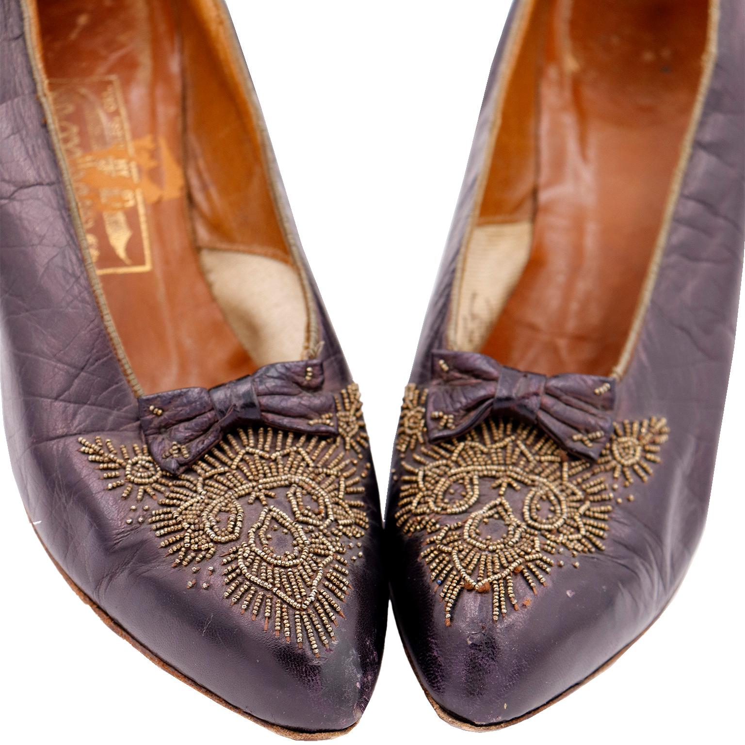 Brown CH Wolfelt Co. Purple Leather Edwardian Shoes With Gold Metal Bead Embroidery For Sale