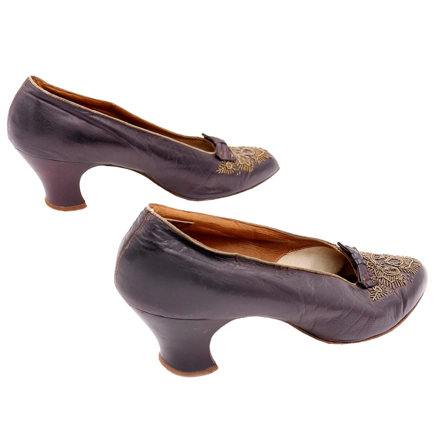CH Wolfelt Co. Purple Leather Edwardian Shoes With Gold Metal Bead Embroidery In Good Condition For Sale In Portland, OR