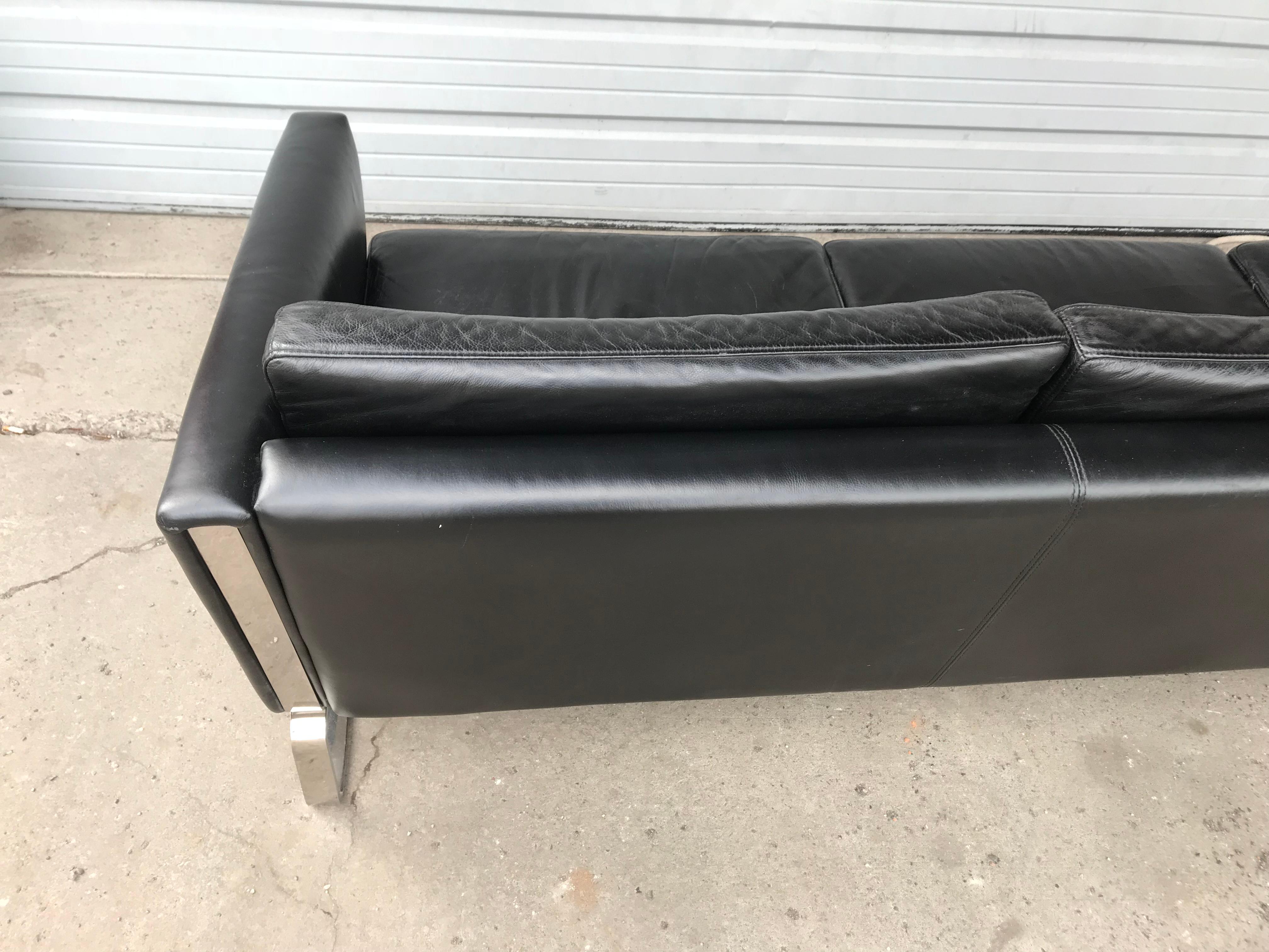 ch103 3-Seat Sofa Design Hans Wegner, 1970, Black Leather and Chromed Steel In Good Condition In Buffalo, NY