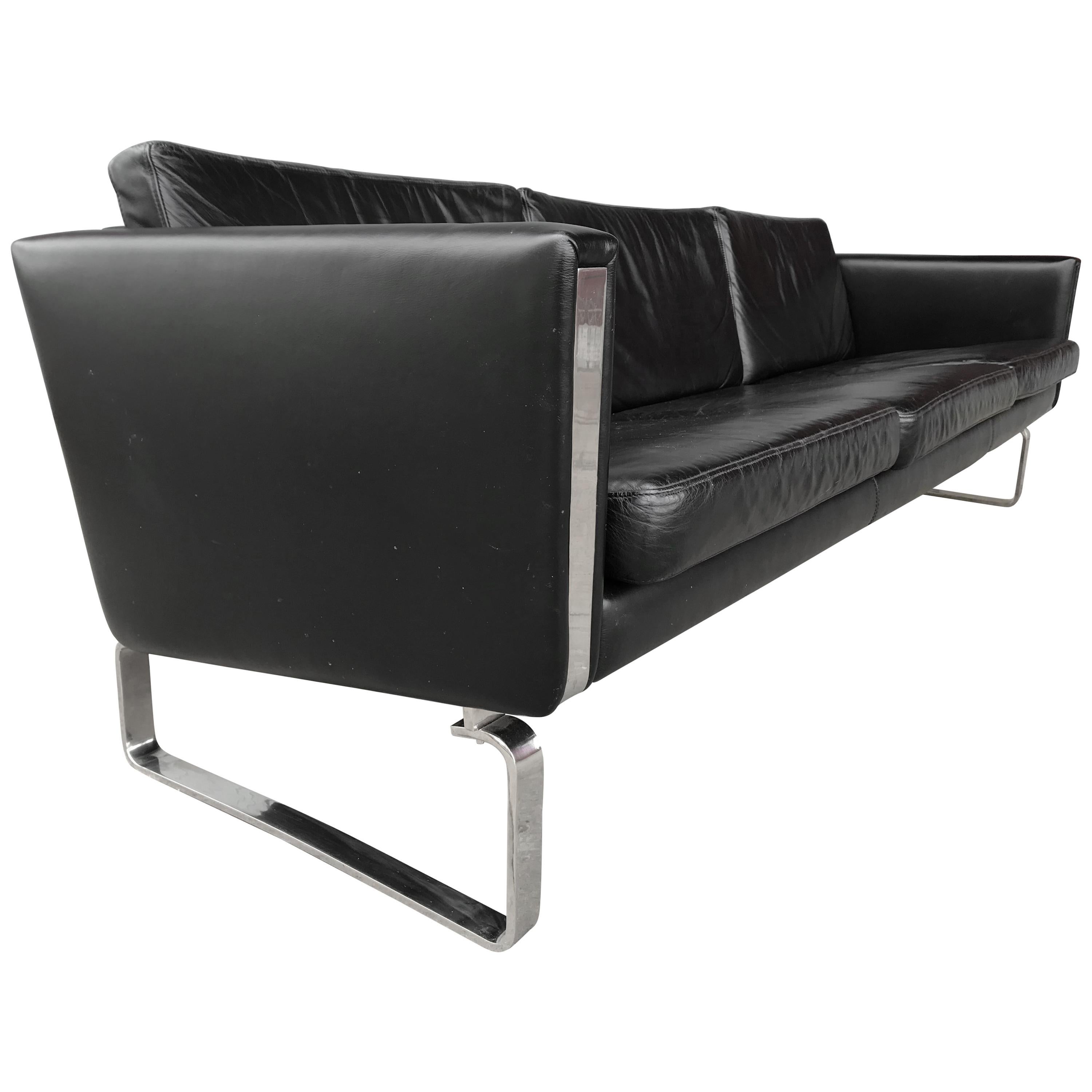 ch103 3-Seat Sofa Design Hans Wegner, 1970, Black Leather and Chromed Steel
