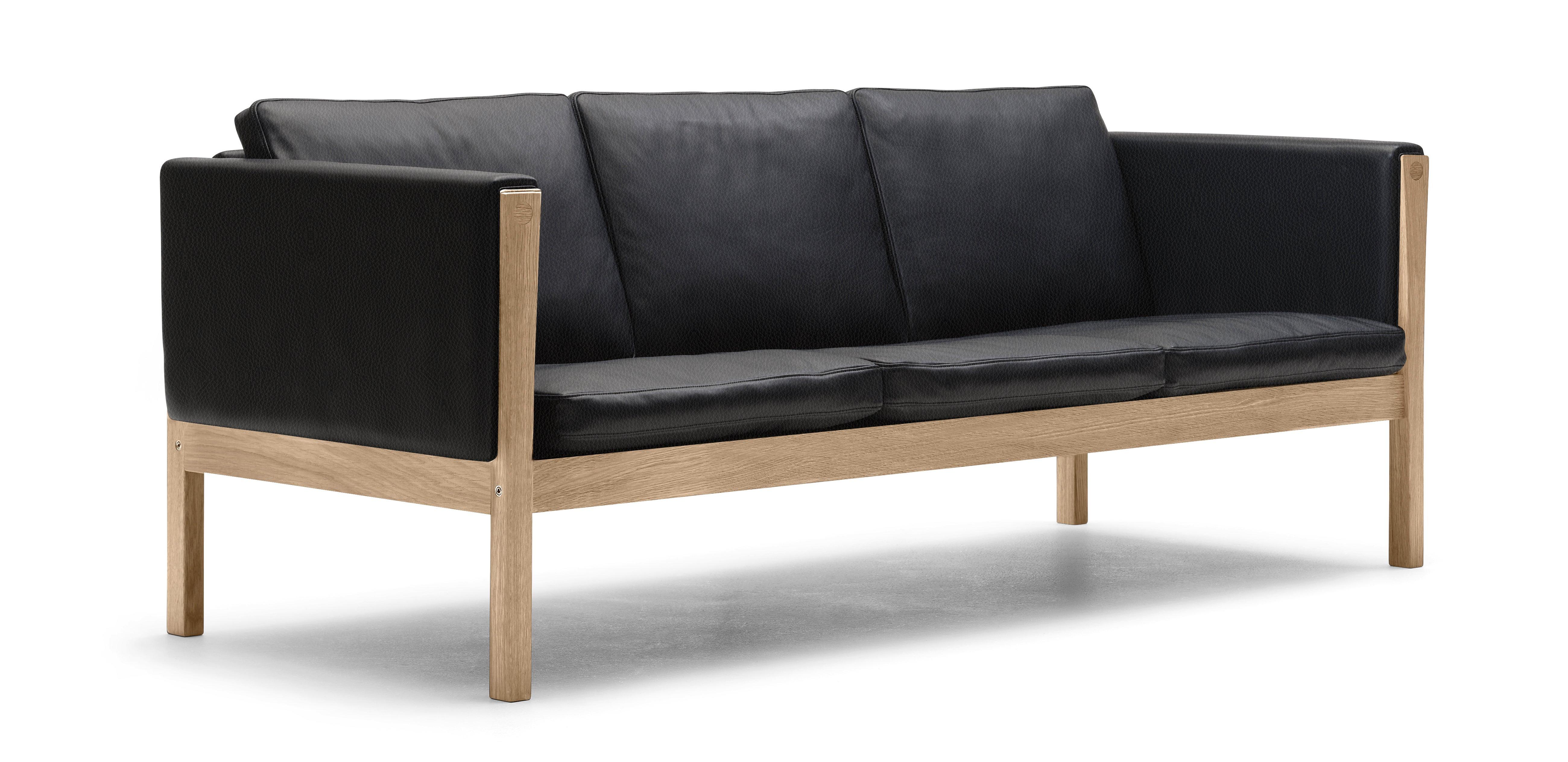 Hans J. Wegner designed the CH163 sofa in 1965, using a down filling for luxurious comfort. This large, three-seat sofa neatly exemplifies how Wegner often highlighted structural details to great effect. The lead image is for oiled oak is Thor 301