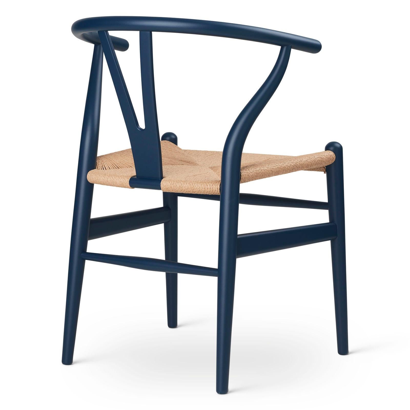 Mid-Century Modern CH24 Wishbone Chair in Beech Wood with Soft Blue Finish and Natural Papercord For Sale