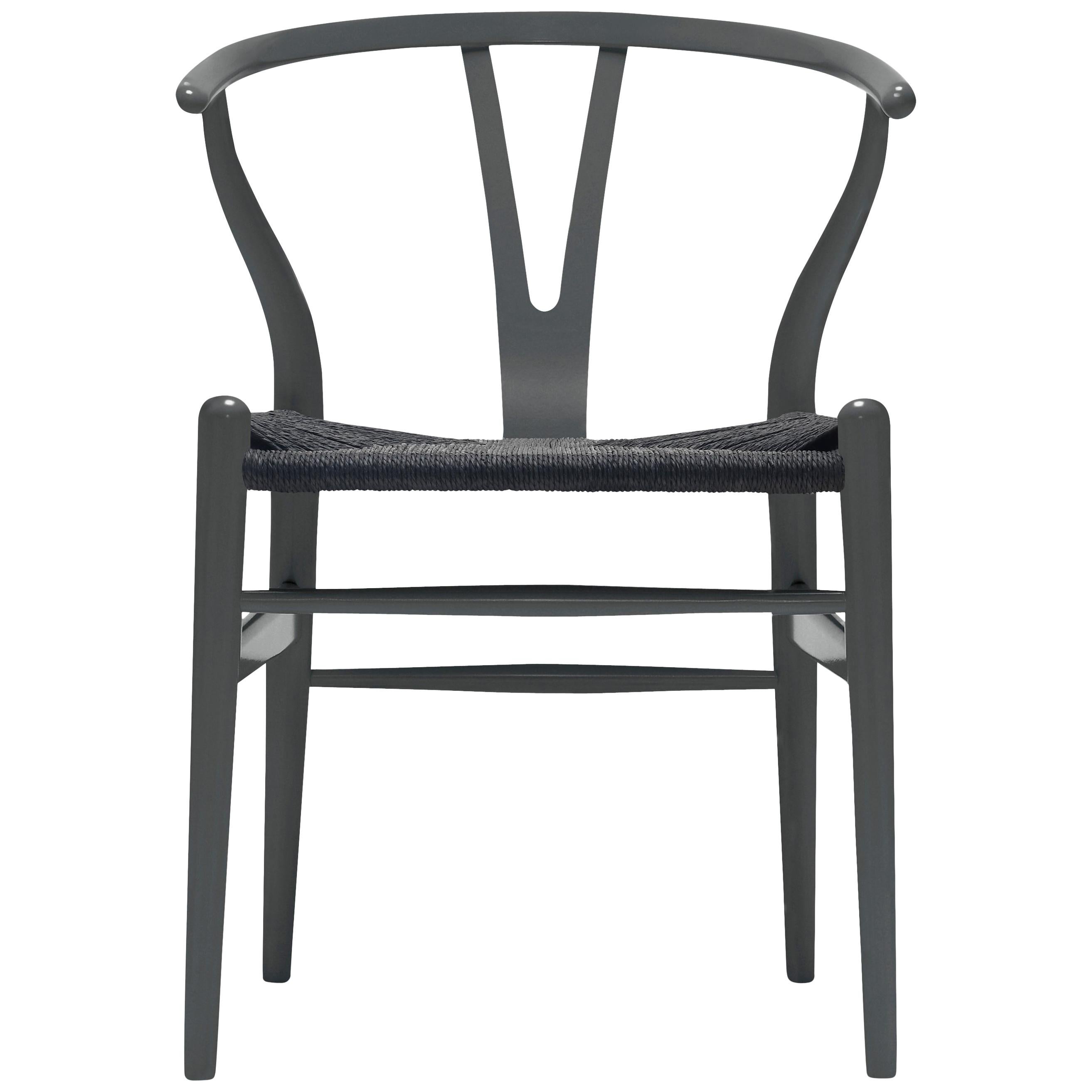 For Sale: Gray (NCS S7502-B) CH24 Wishbone Chair in Color Finishes with Black Papercord Seat by Hans Wegner