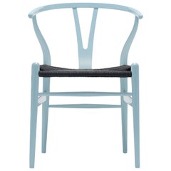 CH24 Wishbone Chair in Light Blue with Black Papercord Seat by Hans Wegner