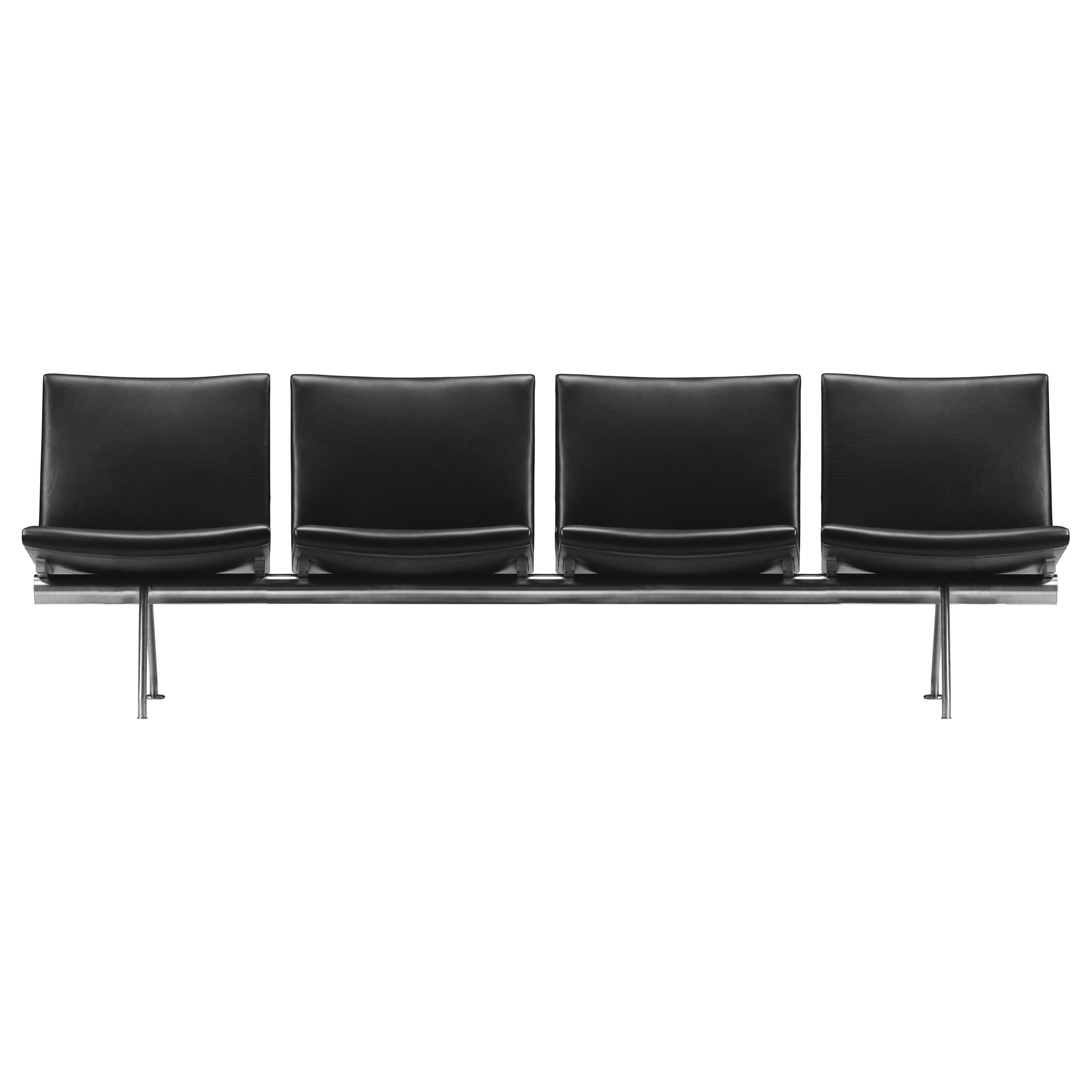 Black (Thor 301) CH404 4-Seat Kastrup Sofa in Stainless Steel with Leather Seat by Hans J. Wegner