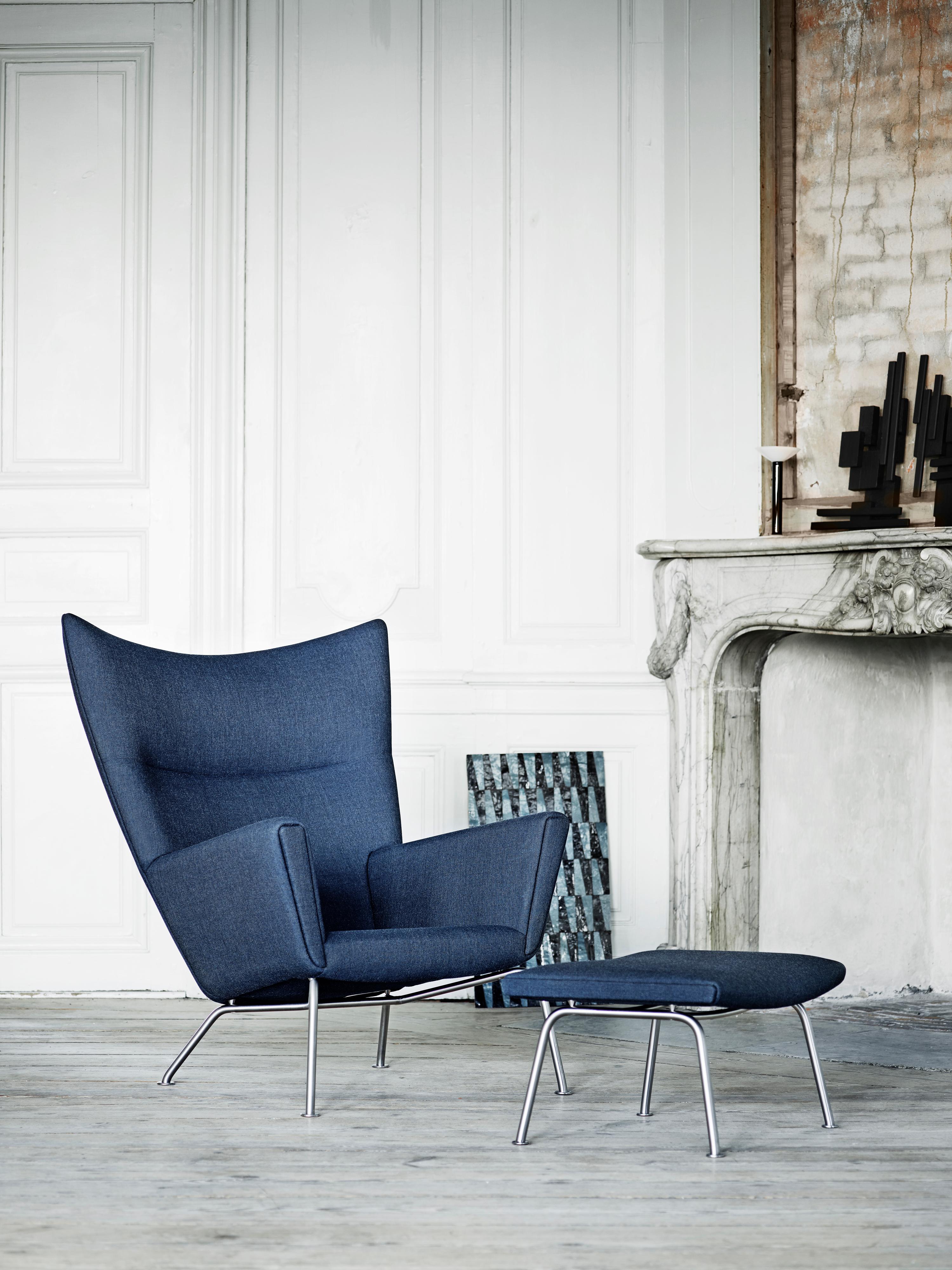 CH445 Wing Chair in Fabric with Stainless Steel Base by Hans J. Wegner 9