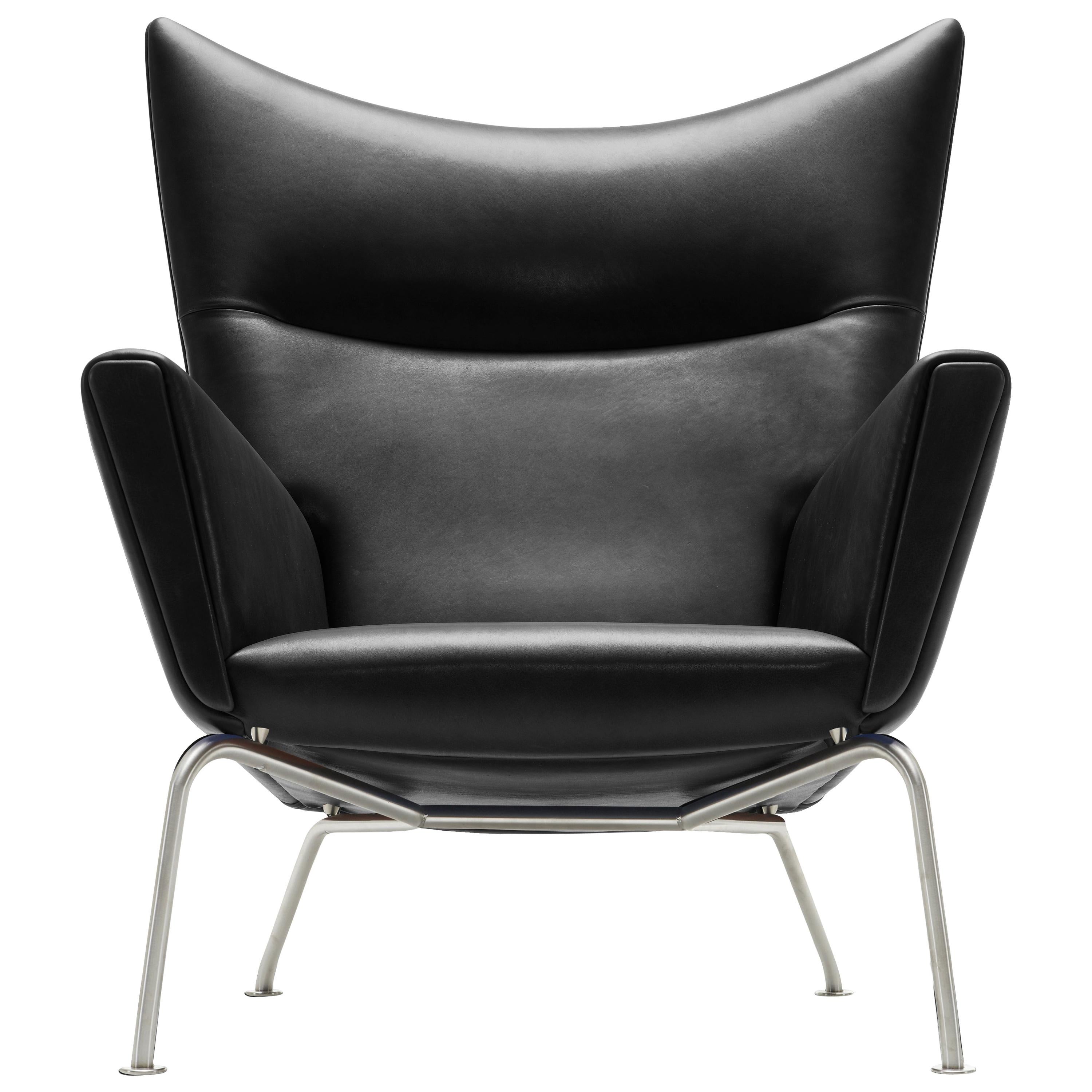 CH445 Wing Chair in Leather with Stainless Steel Base by Hans J. Wegner