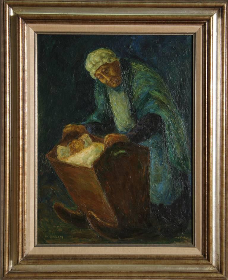 Chaïm Goldberg Figurative Painting - Woman with Child in Crib, Oil Painting by Chaim Goldberg