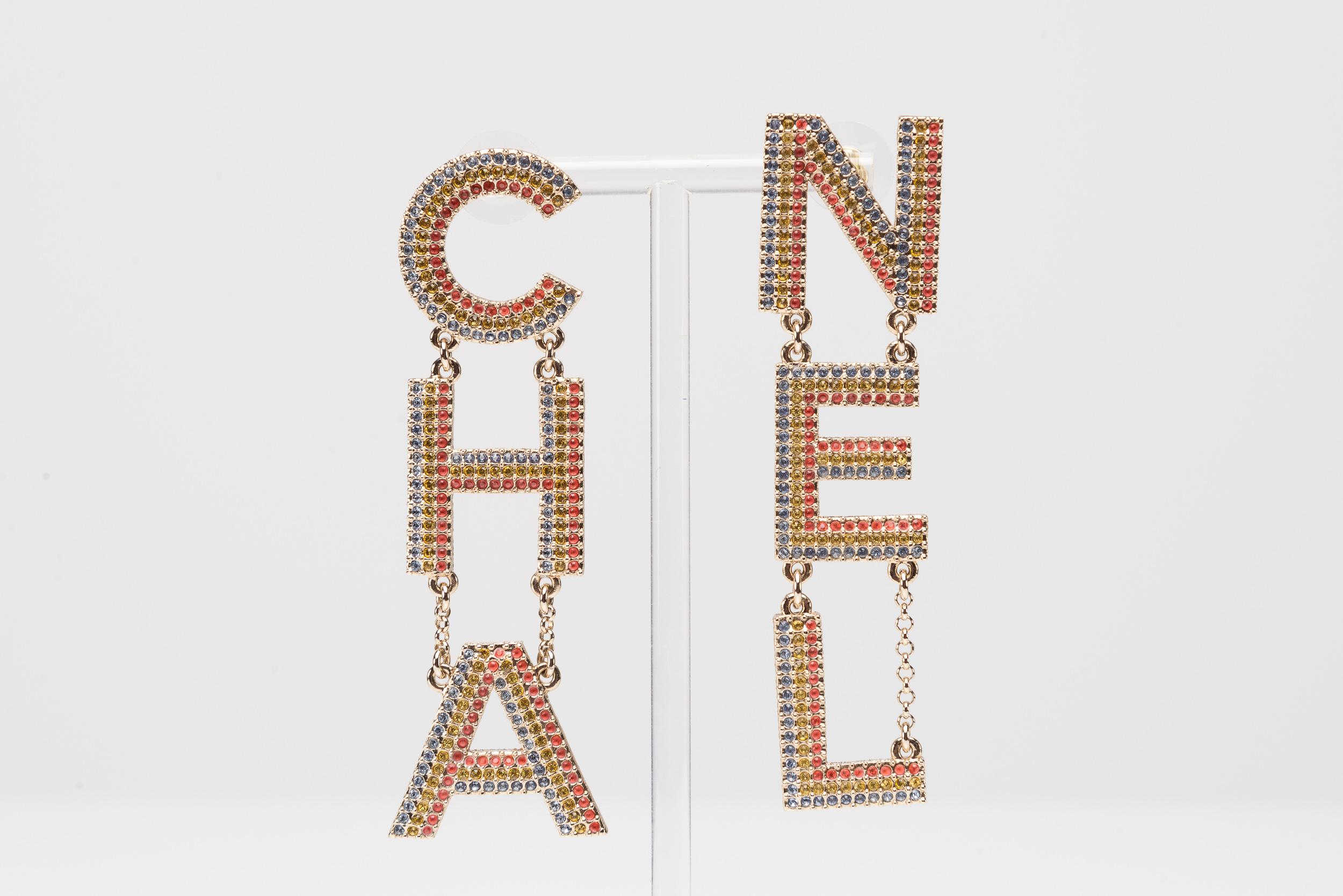 CHA-NEL Runway Logo Crystal Earrings Rare Rainbow Chanel For Sale 5