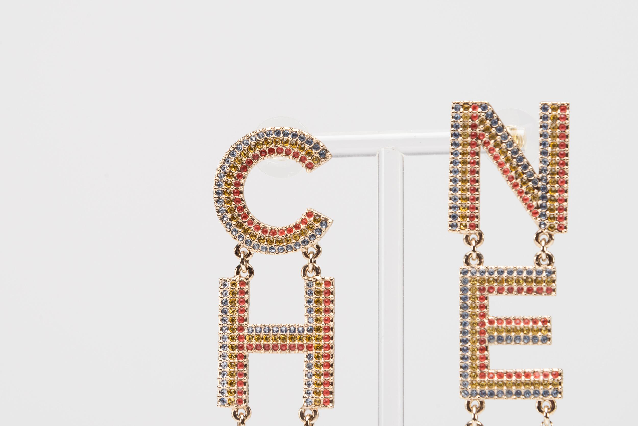 CHA-NEL Runway Logo Crystal Earrings Rare Rainbow Chanel For Sale 6
