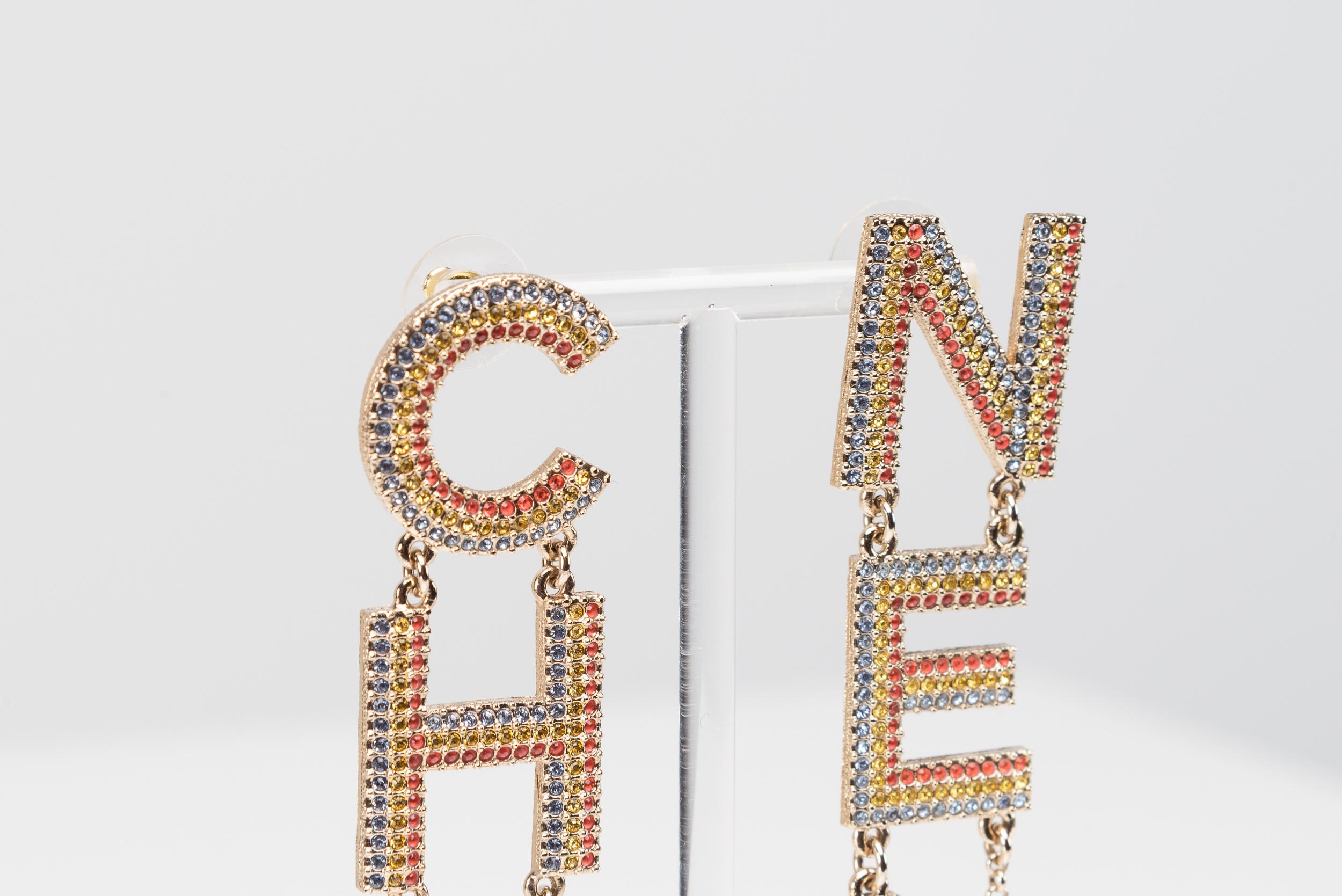 Women's or Men's CHA-NEL Runway Logo Crystal Earrings Rare Rainbow Chanel For Sale