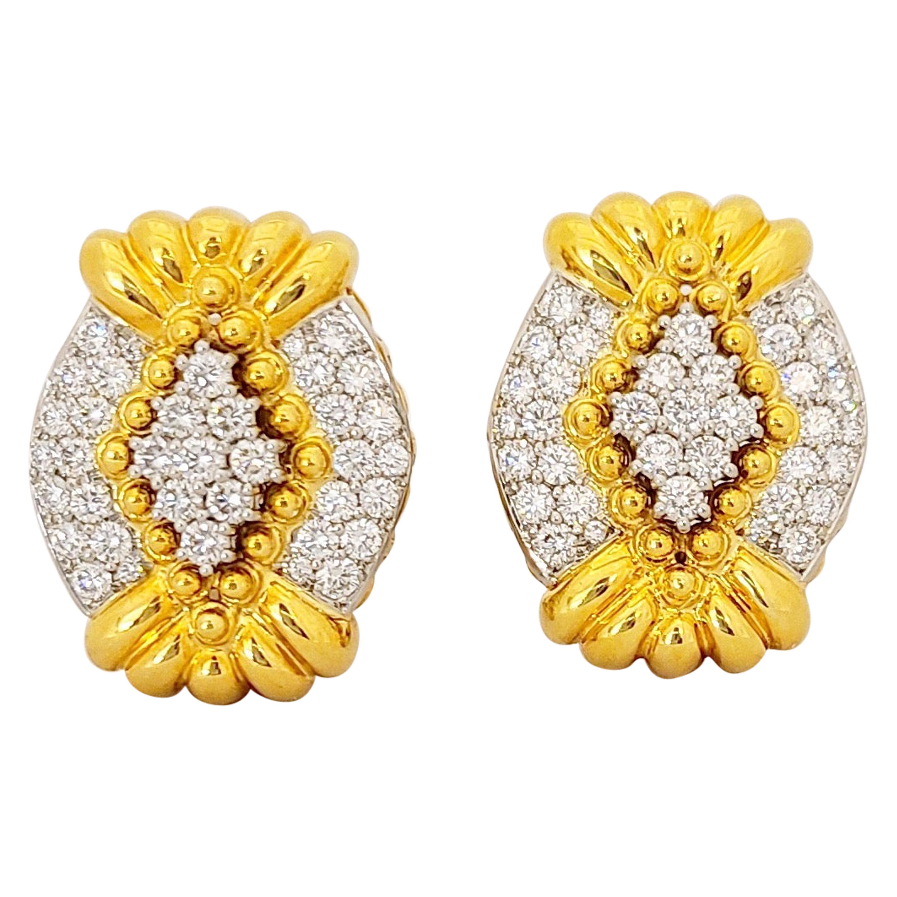Chaavae 18 Karat Gold and Platinum, 3.50 Carat Diamonds Modified Oval Earrings For Sale
