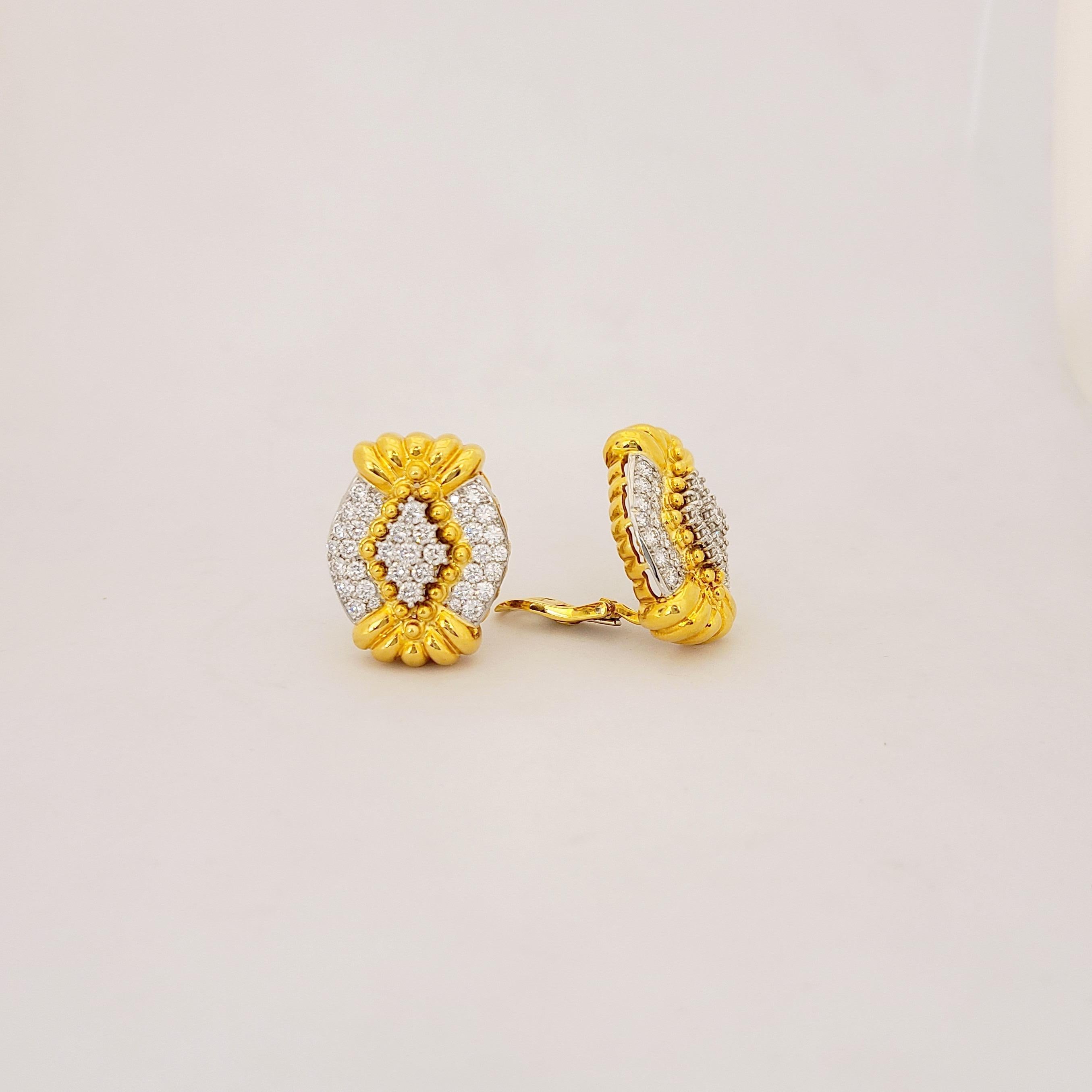 Beautiful 18 karat yellow gold and platinum, Diamond designed by Tilson Gem Designs for their Chaavae collection. These beautiful Earrings are shaped in a modified oval and contain 3.50Ct. of Round Brilliants set in Platinum - to enhance vibrancy of