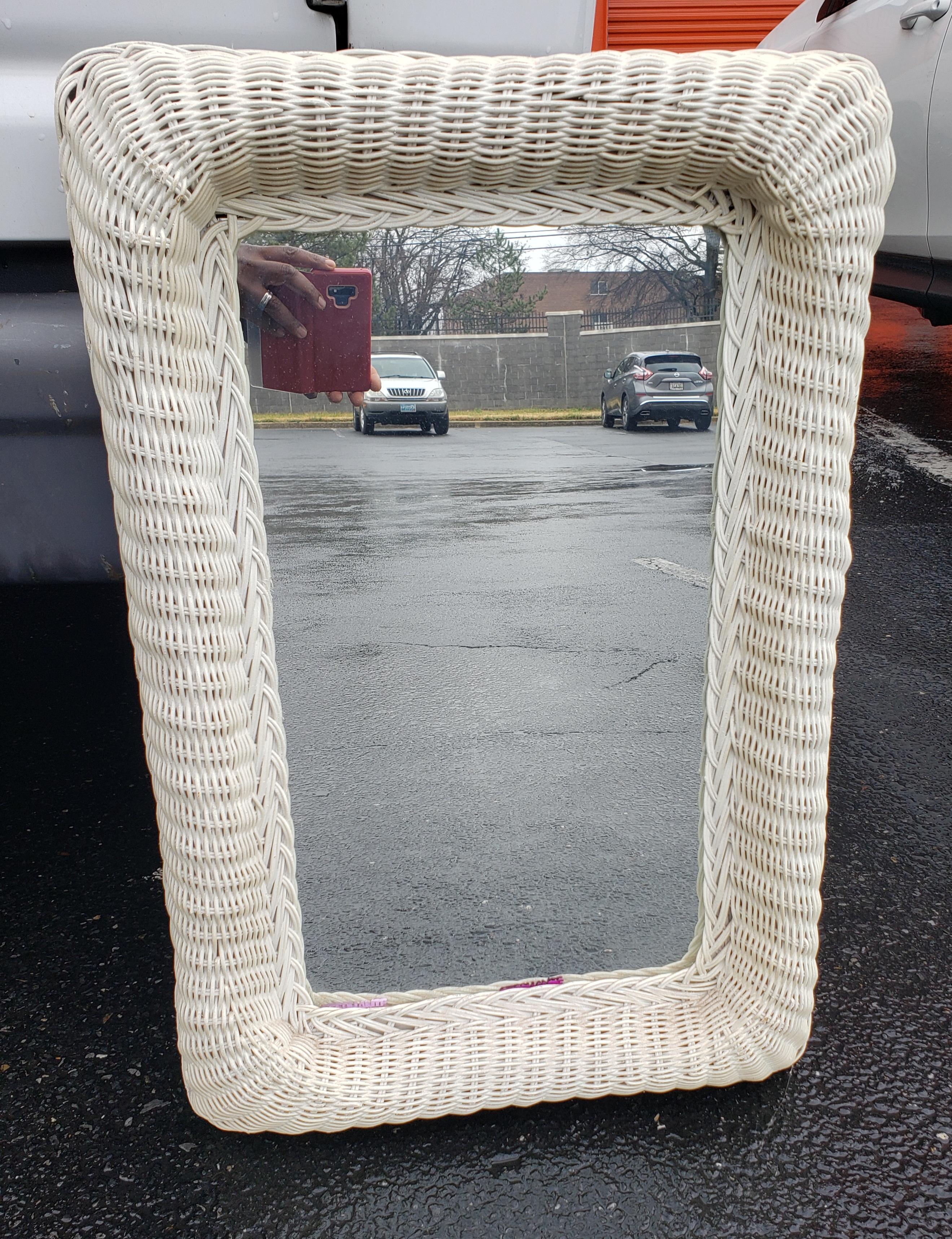 Shabby Chic White Wall Mirror is a Vintage Estate Treasure that will add a Romantic feel to any room in the House or to use for a Vintage Style Wedding.
Add this pretty Wicker Mirror to a Wall or to use as a Vanity Mirror Tray for your Dressing