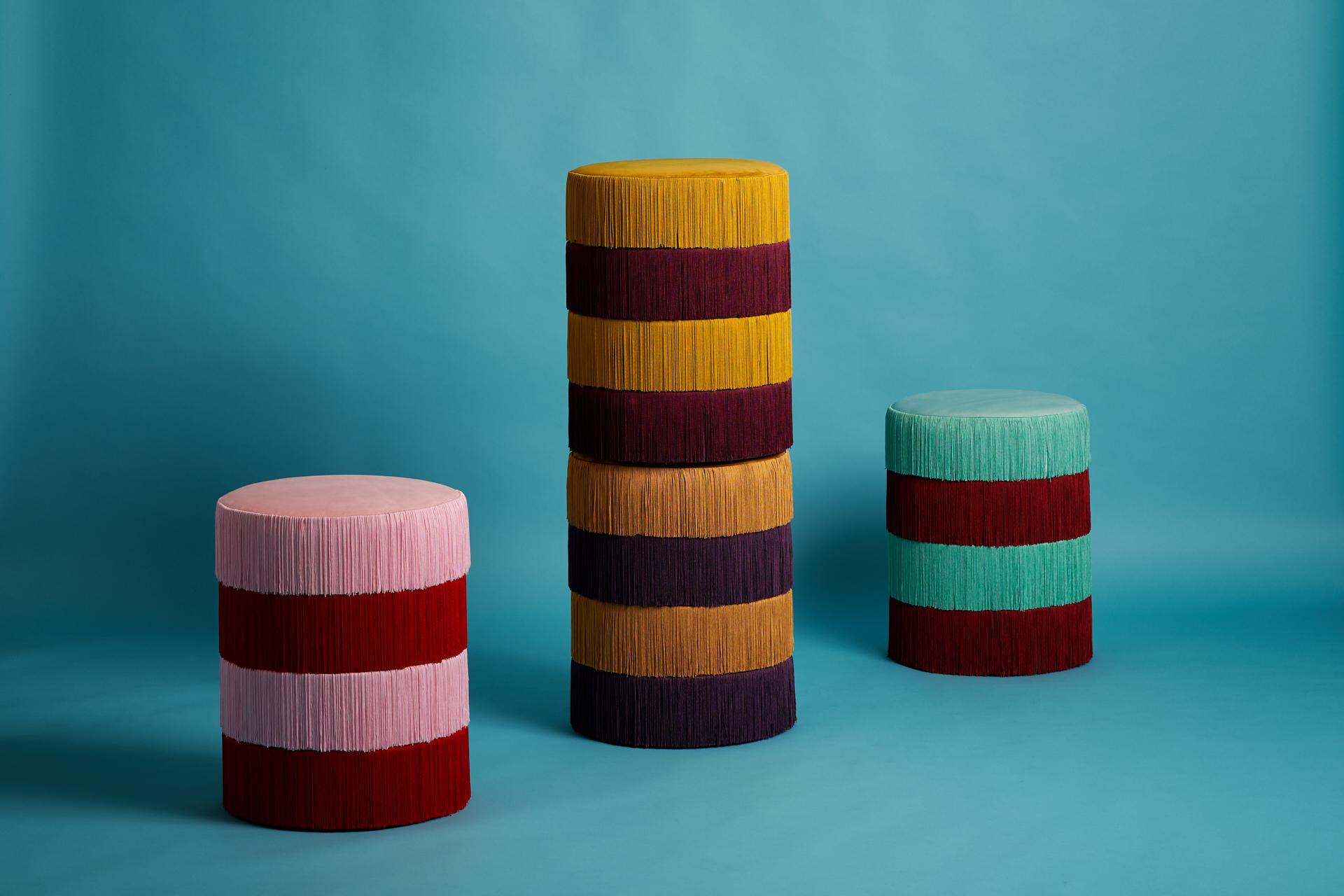 Chachachá pouf by Houtique
Dimensions: H 45 x D 35 cm
Materials: Velvet upholstery, Wood

Art Deco style pouf with wood structure and velvet fabric. 4 modules connected by wooden sleepers, each one Formed by 2 fiber-board discs of 16mm, joined