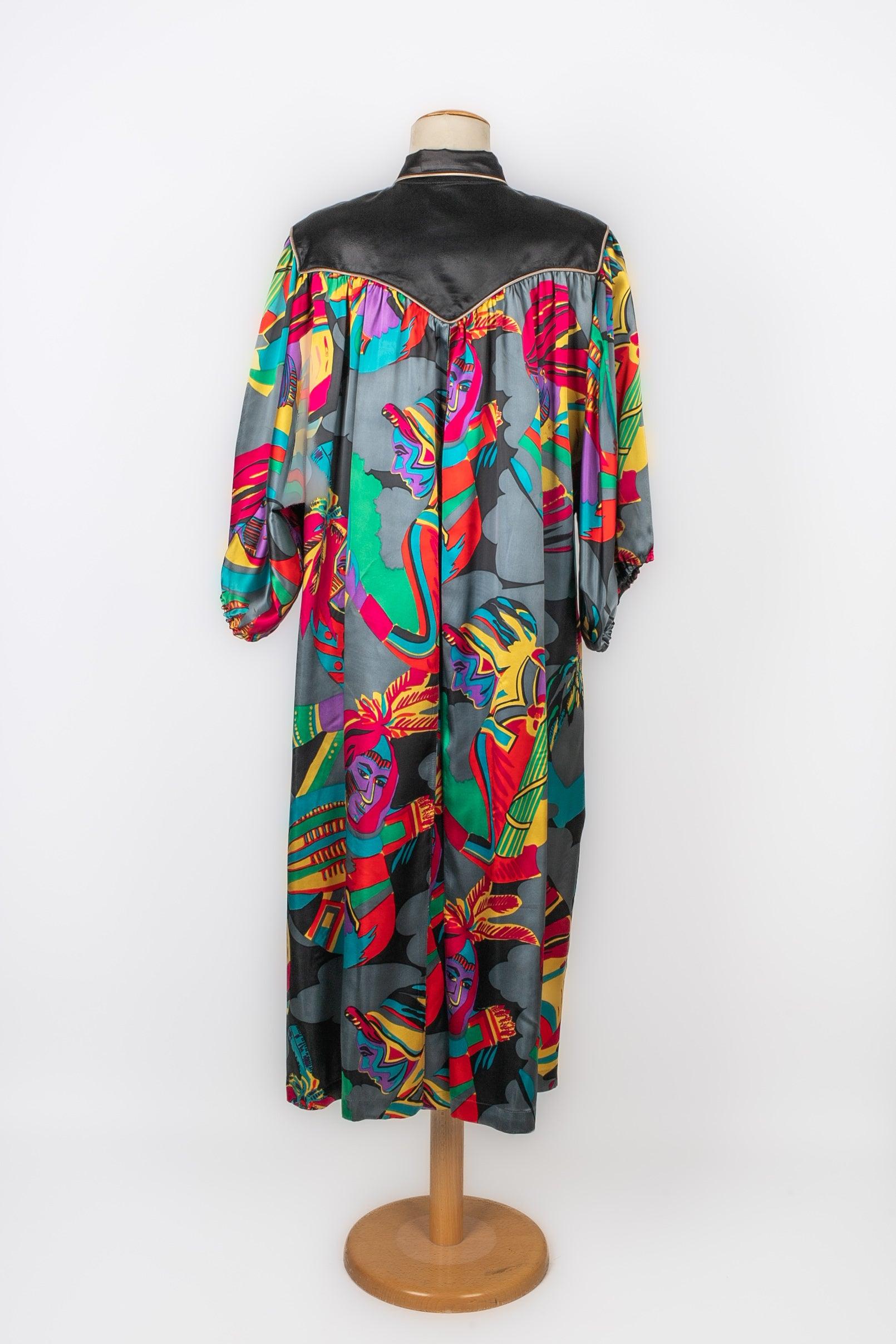Black Chacok Long Multicolored Dress with Faces Design For Sale