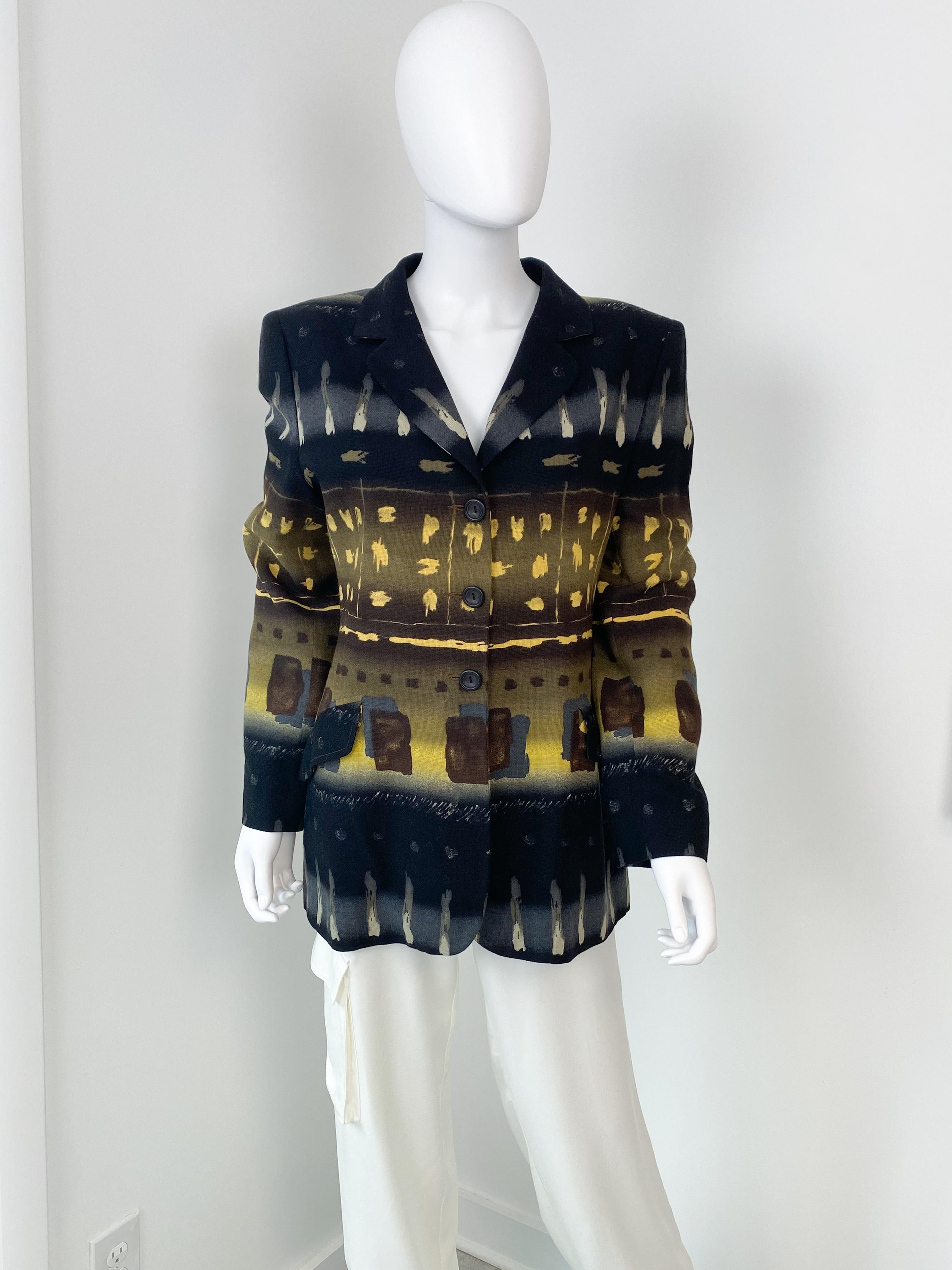 Noir Chacok Paris, veste longue noire et jaune à imprimé abstrait, taille 10/12 en vente