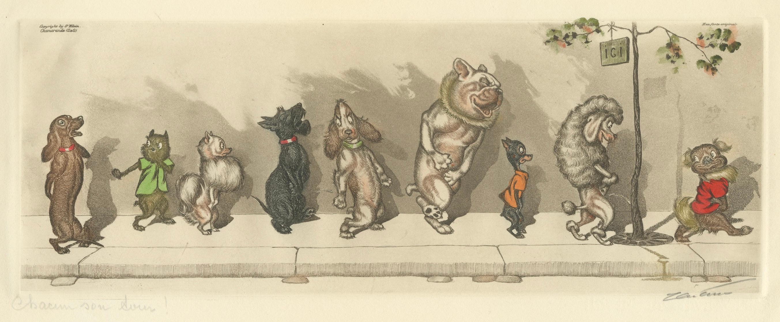 Chacun Son Tour – Humorous Hand-Colored Etching by Boris O’Klein, ca. 1930s