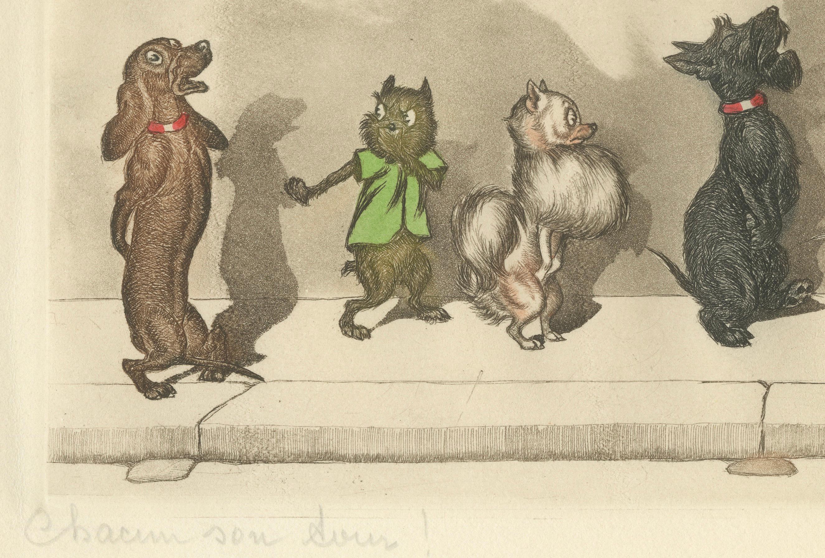 Chacun Son Tour – Humorous Hand-Colored Etching by Boris O’Klein, ca. 1930s